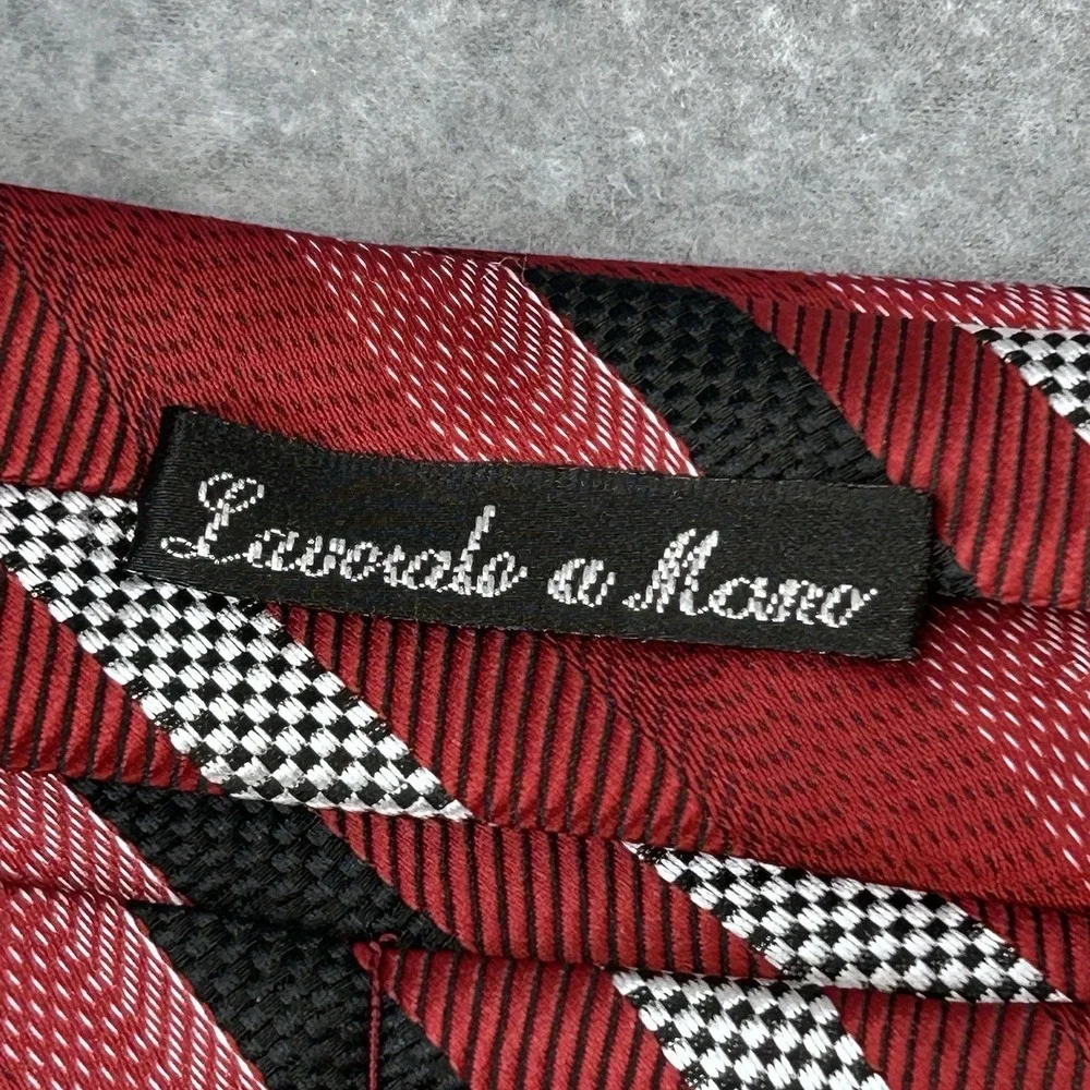 Mens 100% Silk Wide Striped Necktie Red Black White Self Tipped 60